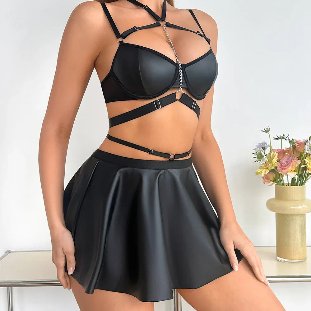 Erotic PU Leather Lingerie Set Featuring Sensual Chained Design Alluring Punk Uniform Sensual Underwear Lingerie Set