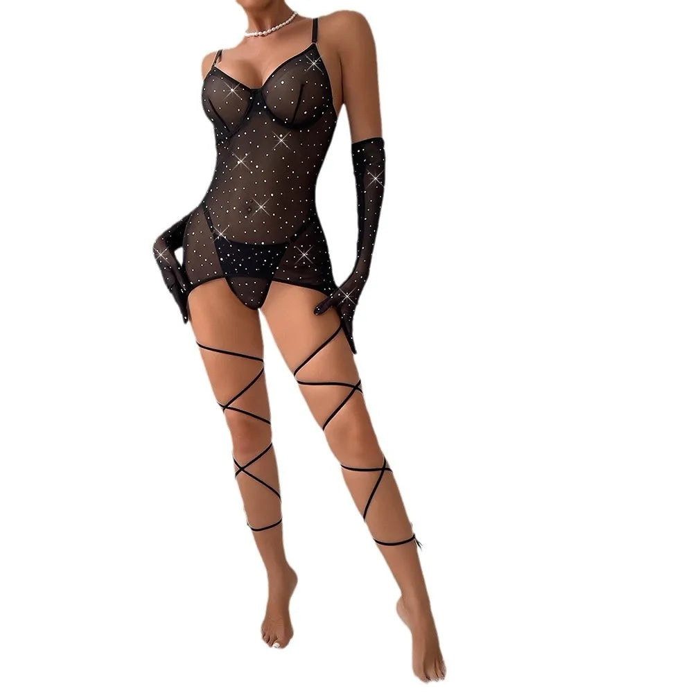 Erotic Sequin See Through Dress Sensual Hip Lifting Lace Up With Gloves Alluring Nightwear Sensual Lingerie