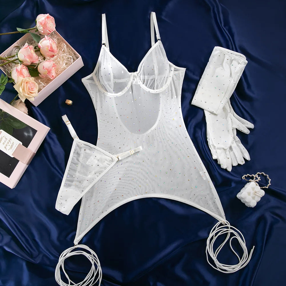 Erotic Sequin See Through Dress Sensual Hip Lifting Lace Up With Gloves Alluring Nightwear Sensual Lingerie