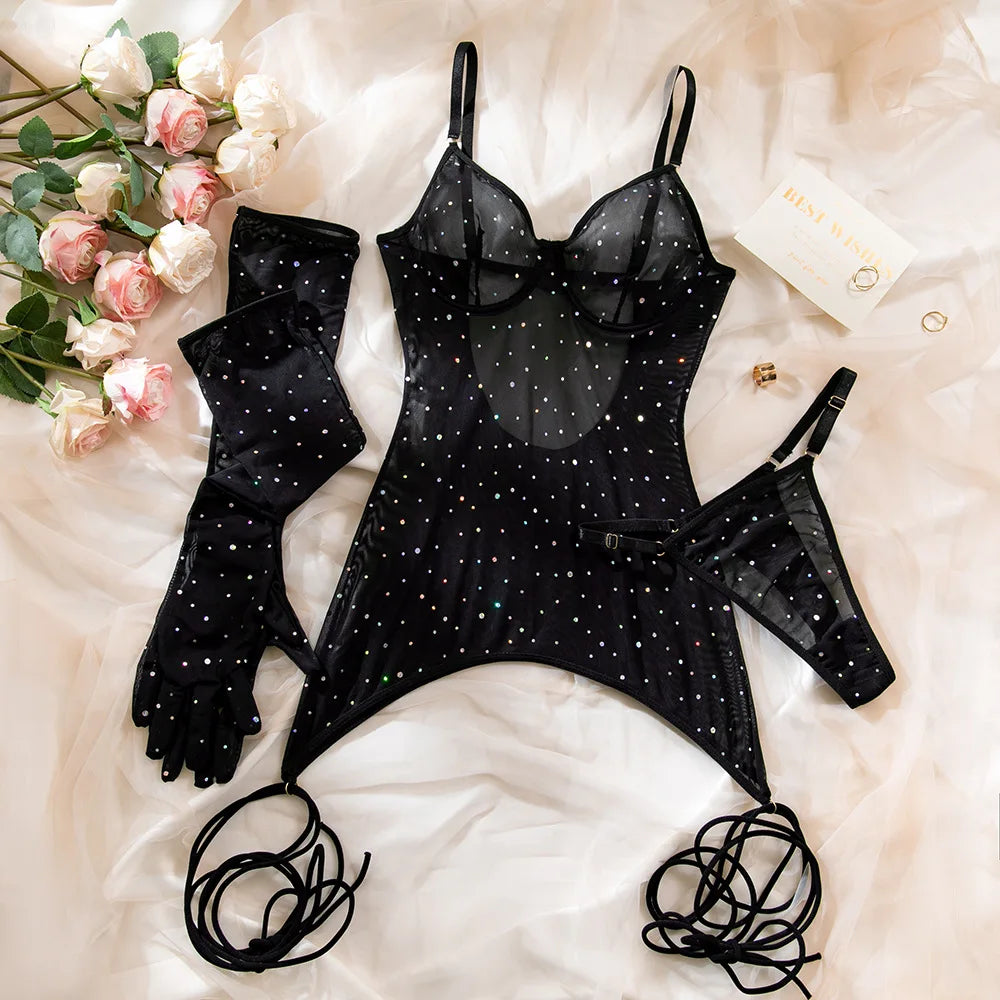 Erotic Sequin See Through Dress Sensual Hip Lifting Lace Up With Gloves Alluring Nightwear Sensual Lingerie