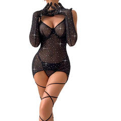 Erotic Sequin See Through Dress Sensual Hip Lifting Lace Up With Gloves Alluring Nightwear Sensual Lingerie
