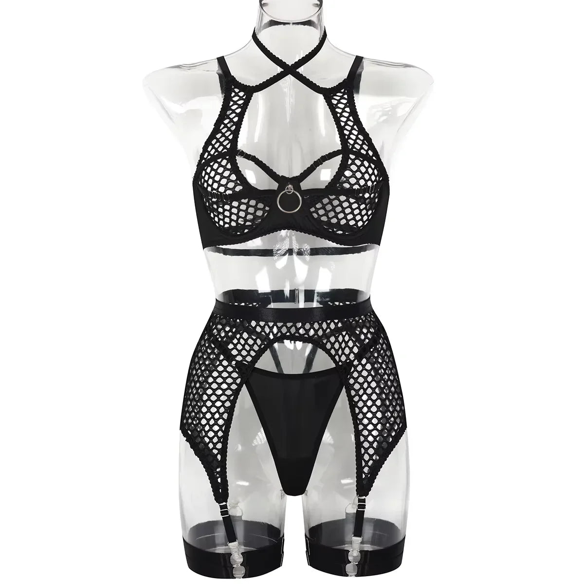 Fishnet Lingerie Hollow Out Sheer Mesh Underwear Bras Exotic Sheer Lingerie Outfit Thong Bra 3pcs Sets