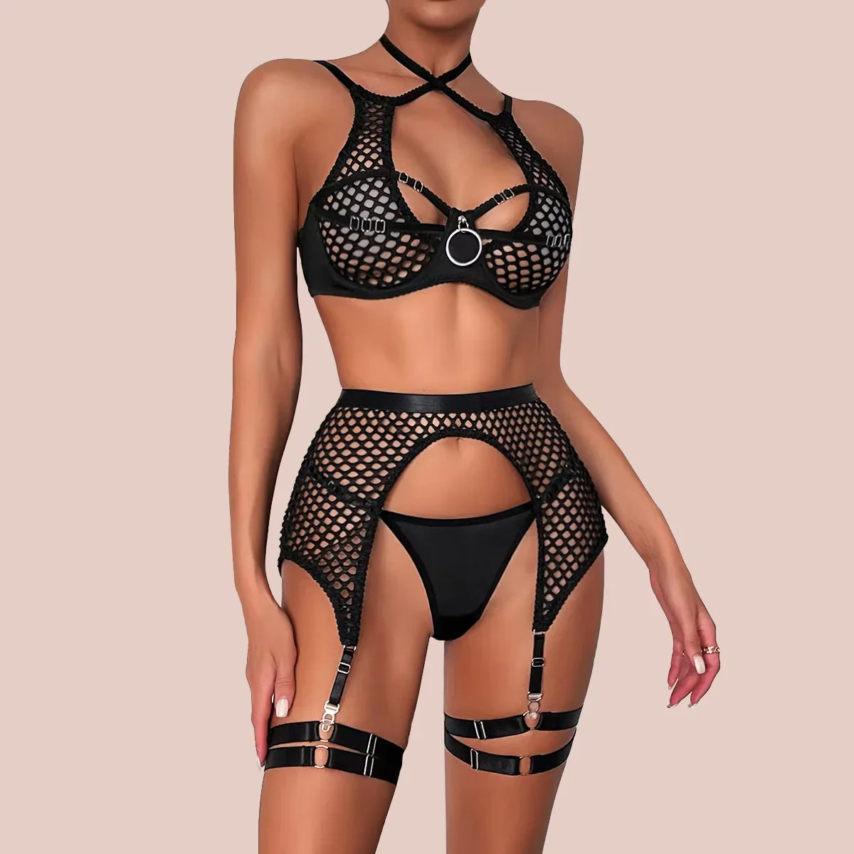 Fishnet Lingerie Hollow Out Sheer Mesh Underwear Bras Exotic Sheer Lingerie Outfit Thong Bra 3pcs Sets