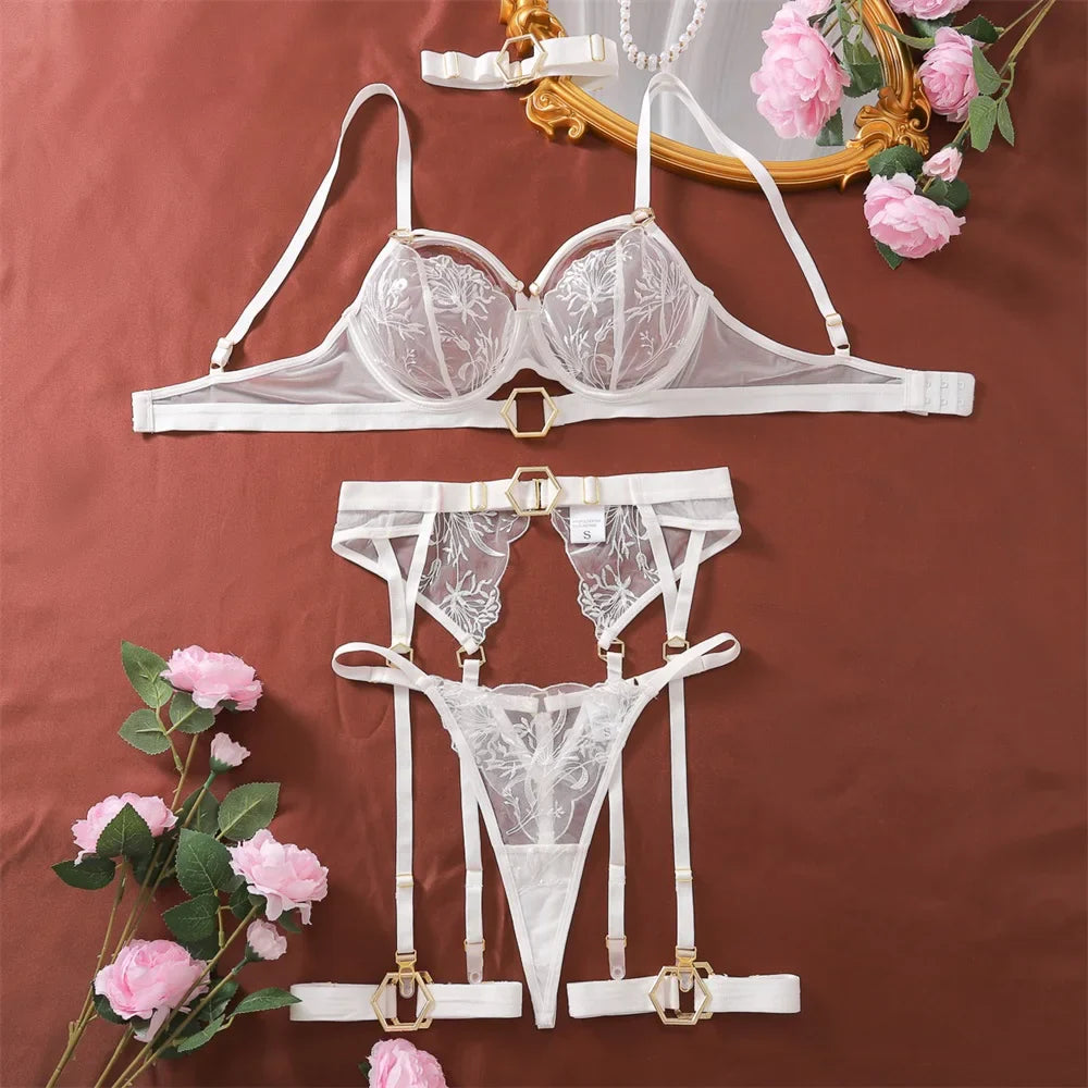 Lingerie Lace Transparent Bikini Floral Embroidery Bra Panties Sets Push Up Bra Erotic Sleepwear