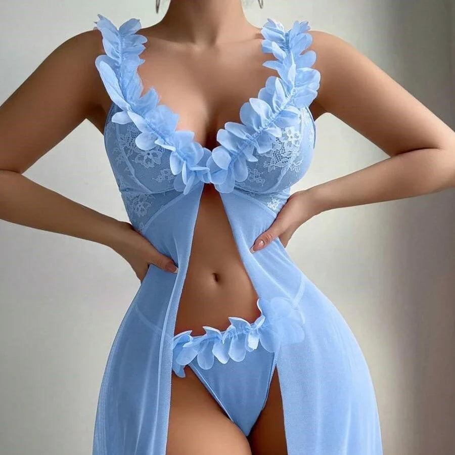 Lingerie Long Dress Deep-V Neck See Through Lace Night Dress Pink Nightwear See-through Thongs Erotic Set