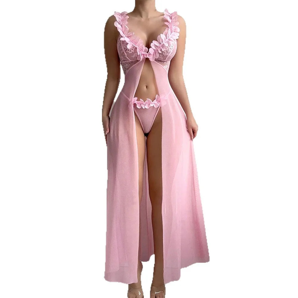 Lingerie Long Dress Deep-V Neck See Through Lace Night Dress Pink Nightwear See-through Thongs Erotic Set