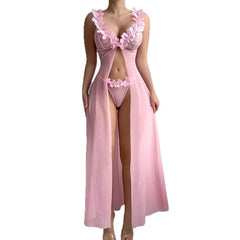 Lingerie Long Dress Deep-V Neck See Through Lace Night Dress Pink Nightwear See-through Thongs Erotic Set