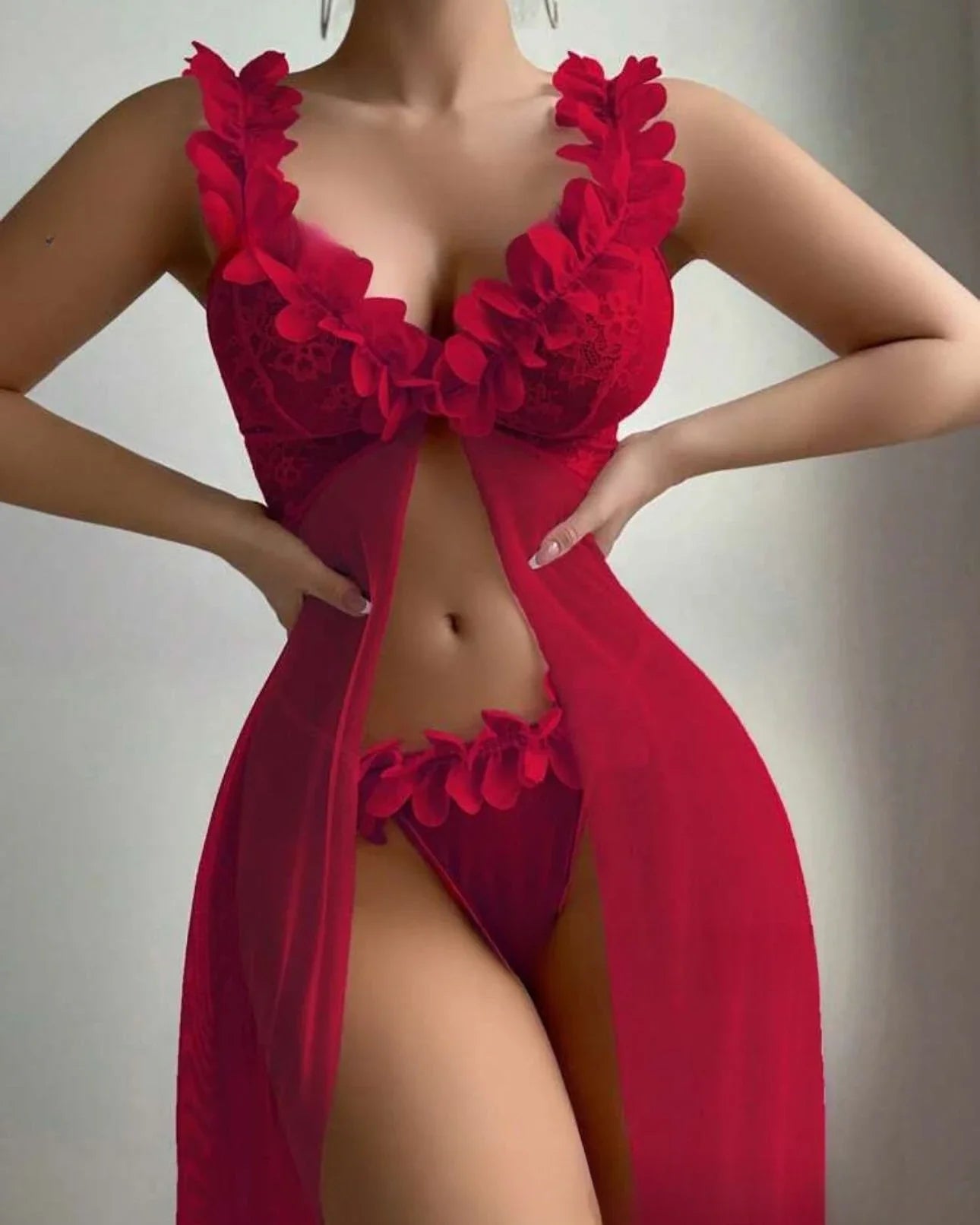 Lingerie Long Dress Deep-V Neck See Through Lace Night Dress Pink Nightwear See-through Thongs Erotic Set