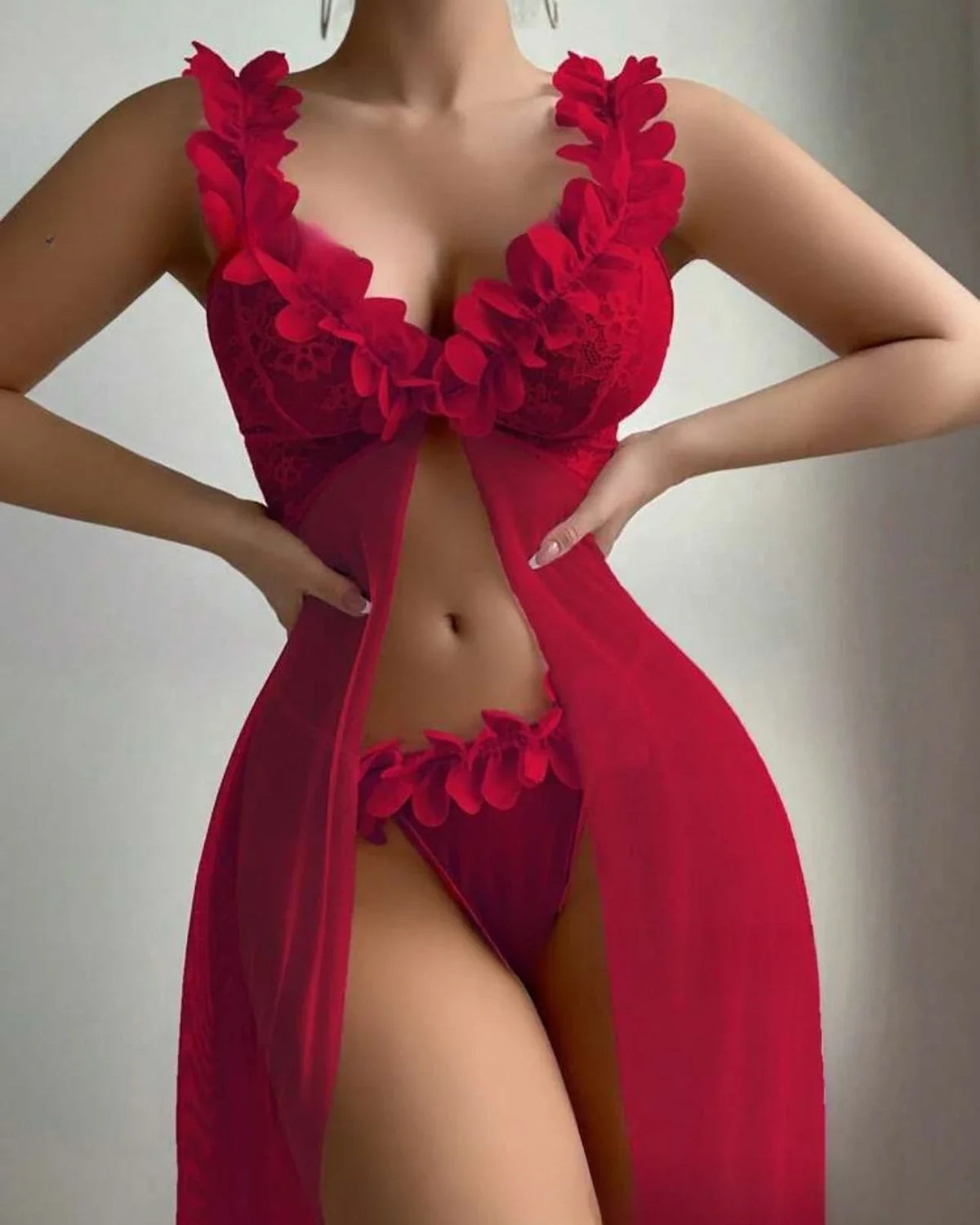 Lingerie Long Dress Deep-V Neck See Through Lace Night Dress Pink Nightwear See-through Thongs Erotic Set