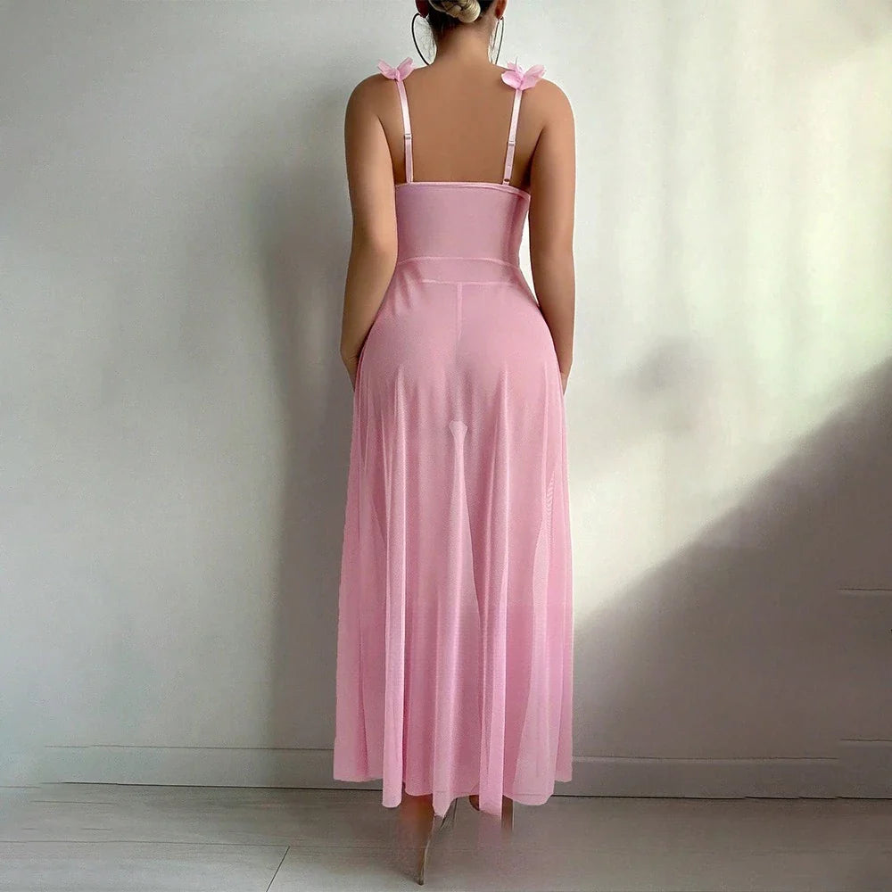 Lingerie Long Dress Deep-V Neck See Through Lace Night Dress Pink Nightwear See-through Thongs Erotic Set