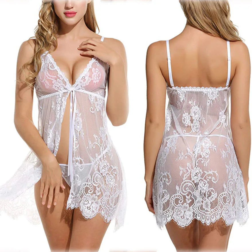 Pajamas Lace Mesh Transparent Nightgown V Neck Strap Lingerie Soild Underwear Nightdress Clothing 18+