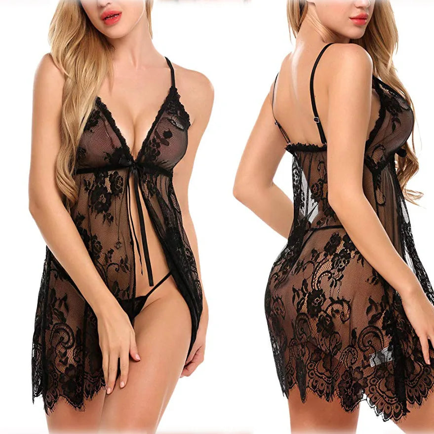 Pajamas Lace Mesh Transparent Nightgown V Neck Strap Lingerie Soild Underwear Nightdress Clothing 18+