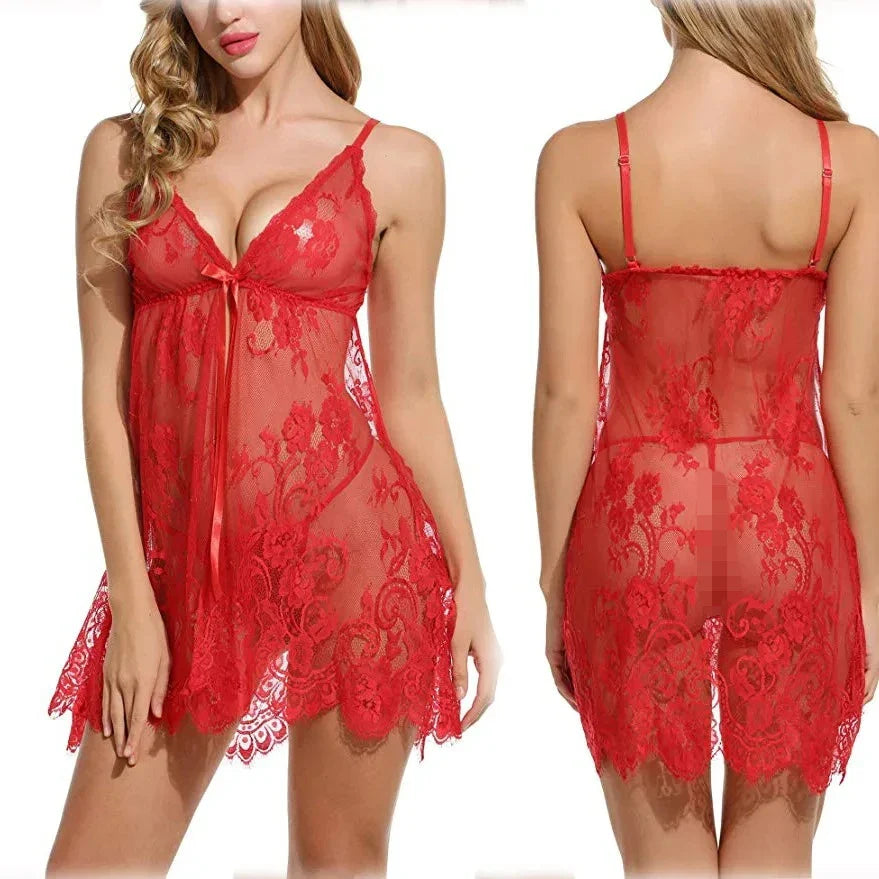Pajamas Lace Mesh Transparent Nightgown V Neck Strap Lingerie Soild Underwear Nightdress Clothing 18+