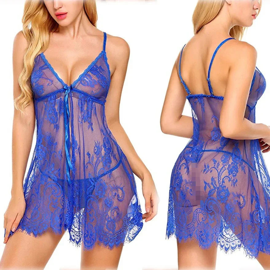 Pajamas Lace Mesh Transparent Nightgown V Neck Strap Lingerie Soild Underwear Nightdress Clothing 18+