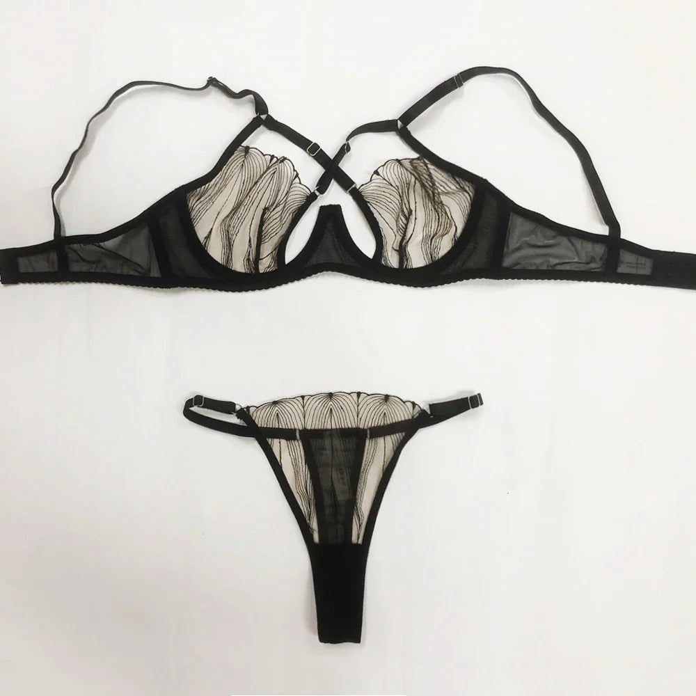 See Through Lace Bra Set Elegant Perspective Micro Bikini Thong Set French Style Ultra-thin Underwear Bra Panty Sets