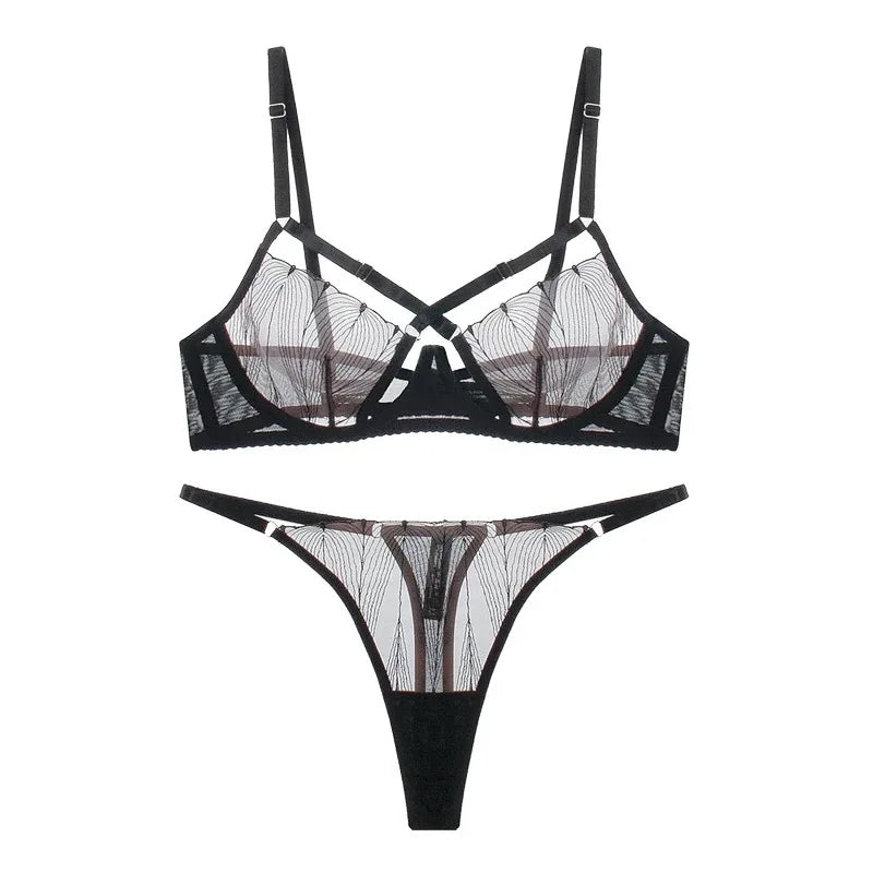See Through Lace Bra Set Elegant Perspective Micro Bikini Thong Set French Style Ultra-thin Underwear Bra Panty Sets