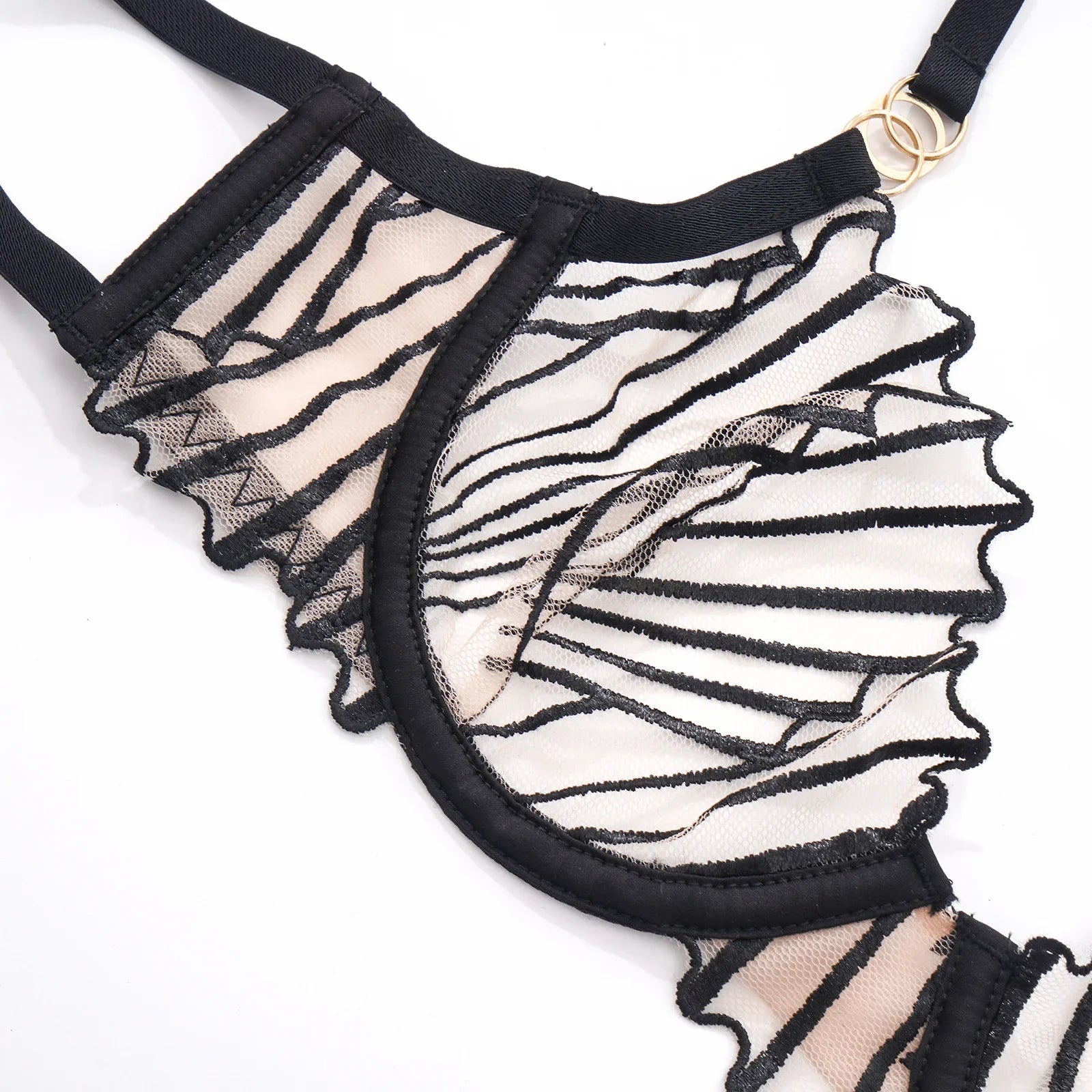 Black Scallop Chest Cup Embroidered Lingerie Set Mesh Ultra-thin Bra Set 2 Piece Bra and Brief Intimate