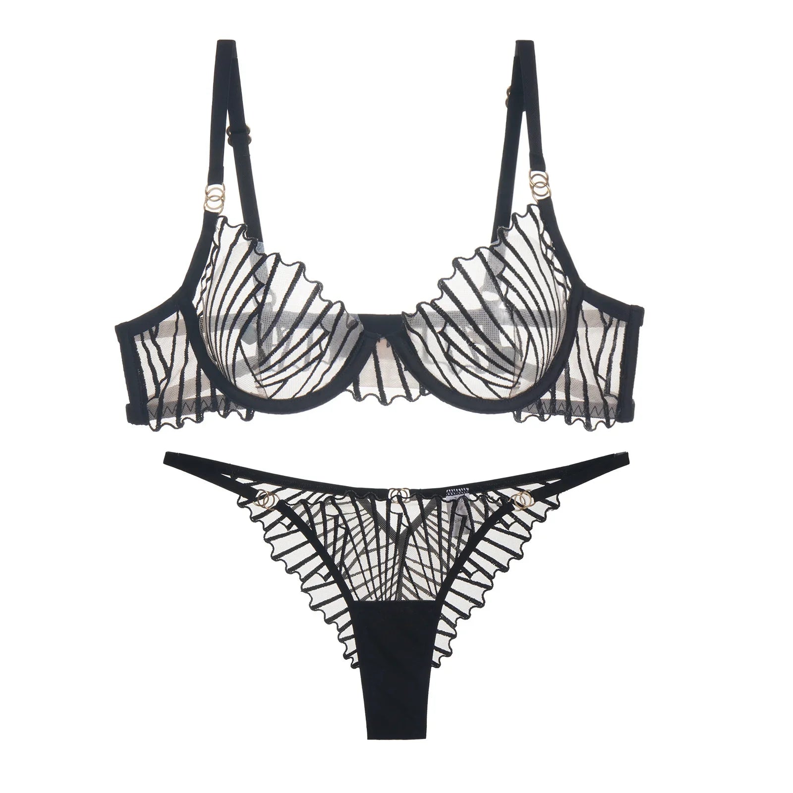 Black Scallop Chest Cup Embroidered Lingerie Set Mesh Ultra-thin Bra Set 2 Piece Bra and Brief Intimate