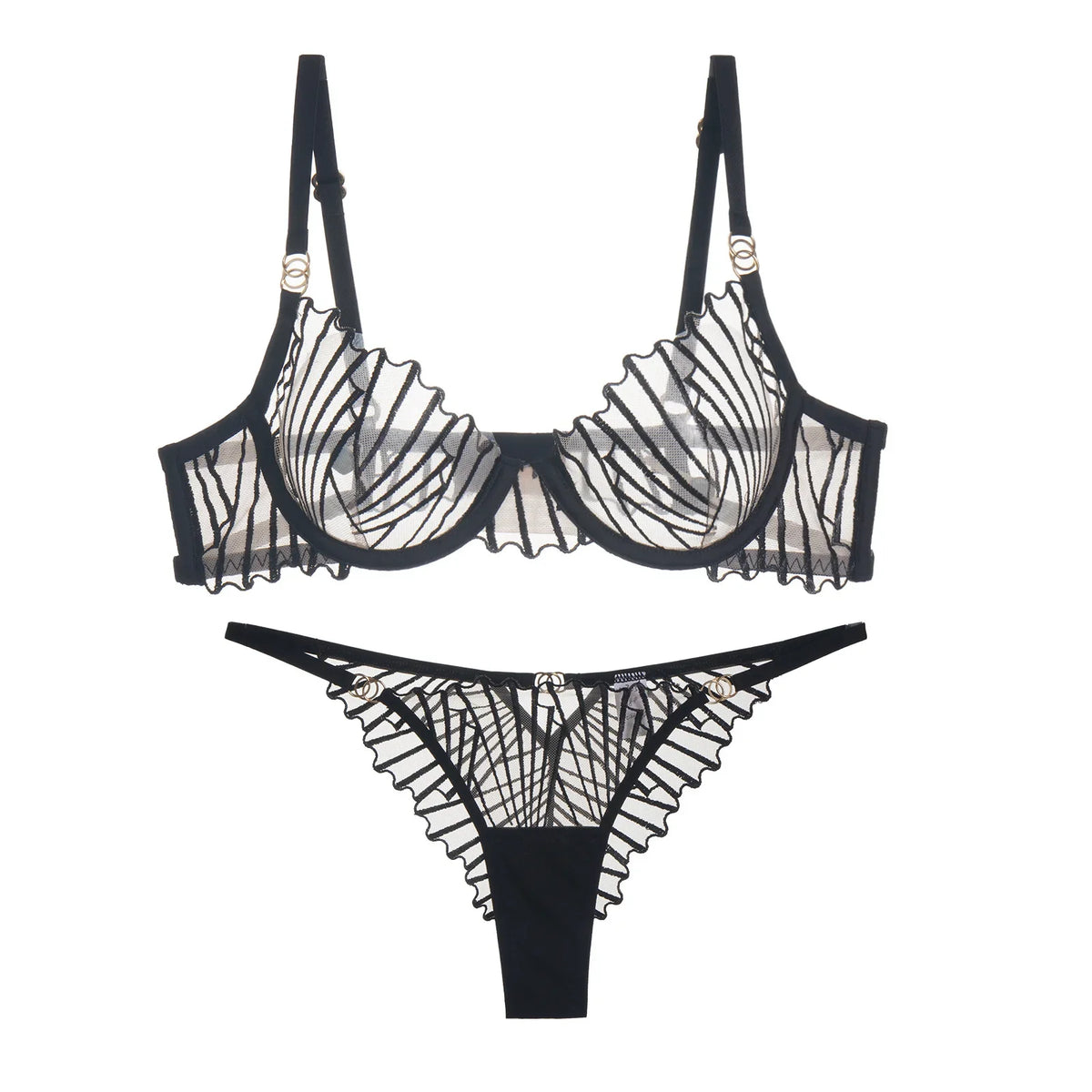 Black Scallop Chest Cup Embroidered Lingerie Set Mesh Ultra-thin Bra Set 2 Piece Bra and Brief Intimate