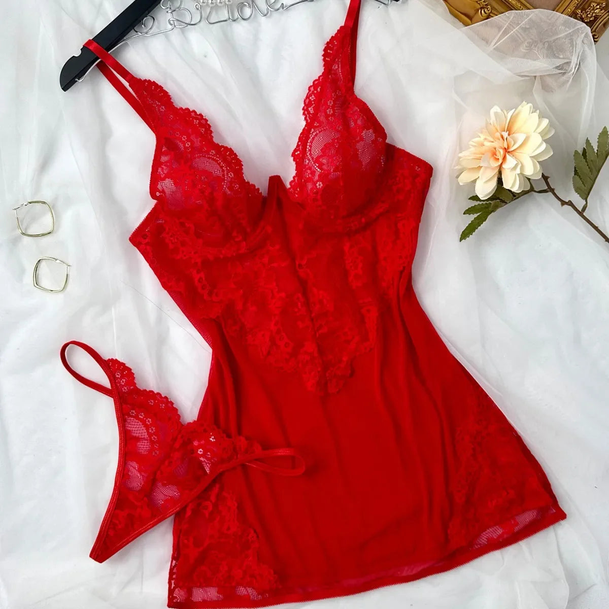 Deep V Underwear Transparent Lace Red Lingerie Sets Nightdress and Panty Nighty Clothes