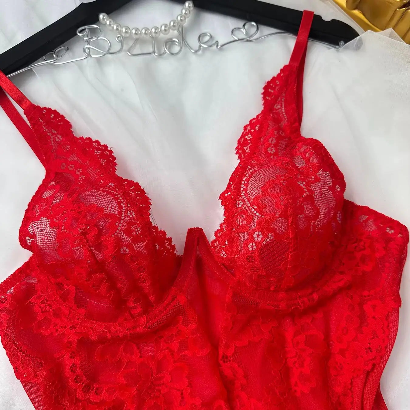 Deep V Underwear Transparent Lace Red Lingerie Sets Nightdress and Panty Nighty Clothes