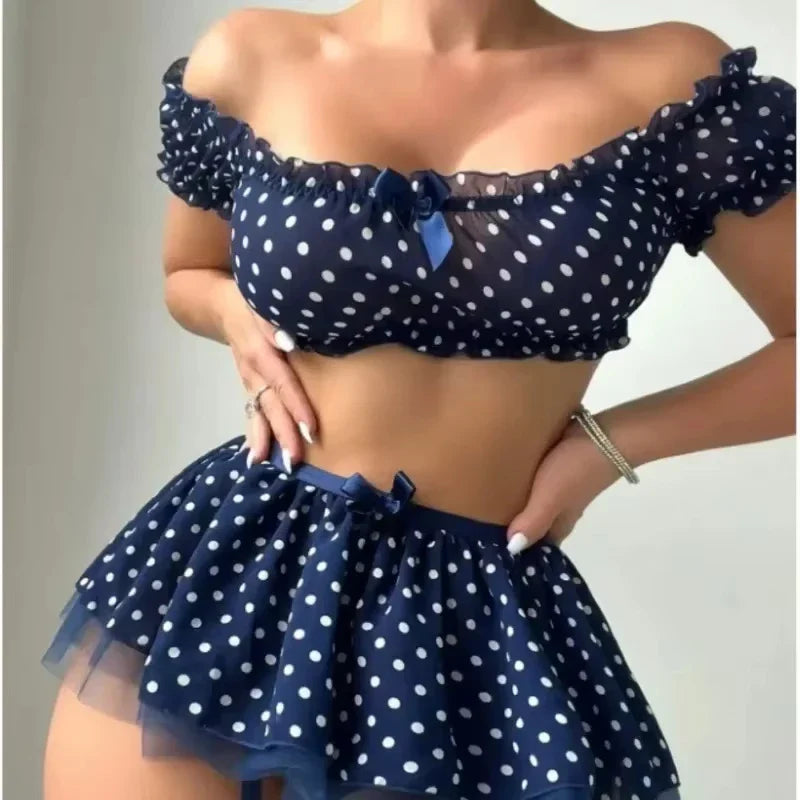 Erotic Short Skirts with Strap Lingerie Polka Dot Off Shoulder Puffy Skirt Polka Exotic Set Valentine Gifts