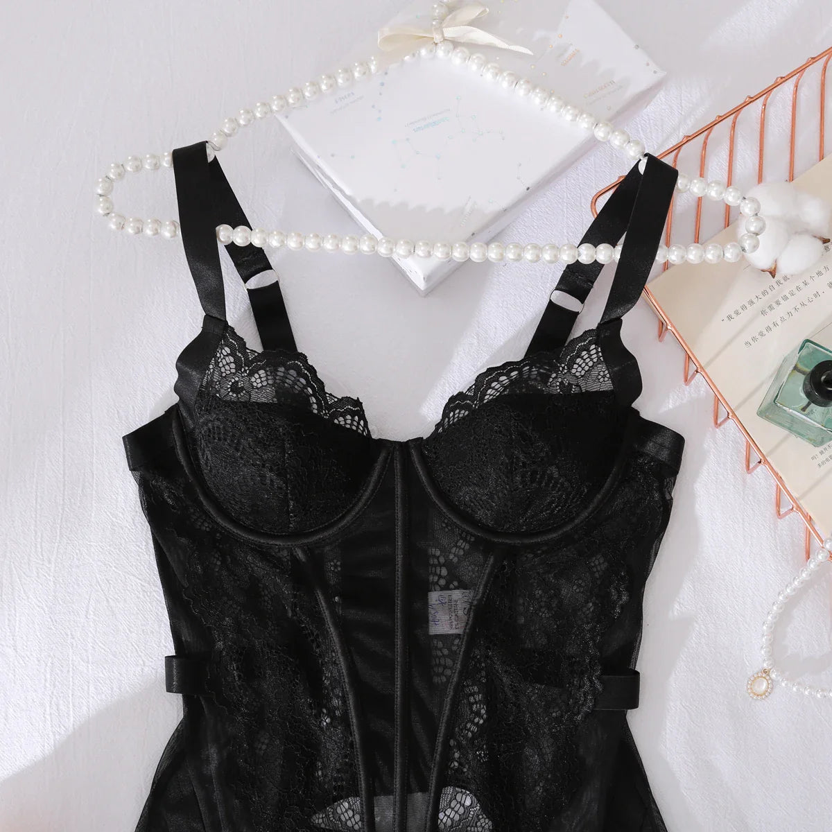 Lingerie Sets Tempted Corset Dress Thong 2PC Stiff See Through Lace Body Underwear Strappy Lingerie Sets