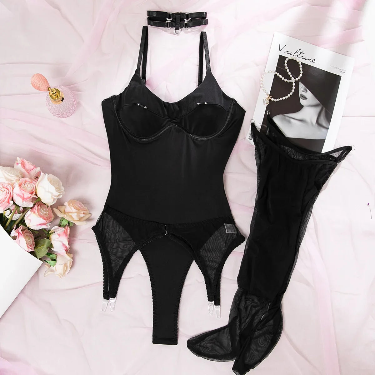 Lingerie Sets Willowy Open Crotch 5PC Stunning Metal Decor Dance Party Stockings Mininalist Kit Underwear
