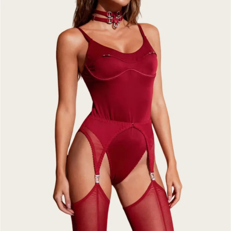 Lingerie Sets Willowy Open Crotch 5PC Stunning Metal Decor Dance Party Stockings Mininalist Kit Underwear