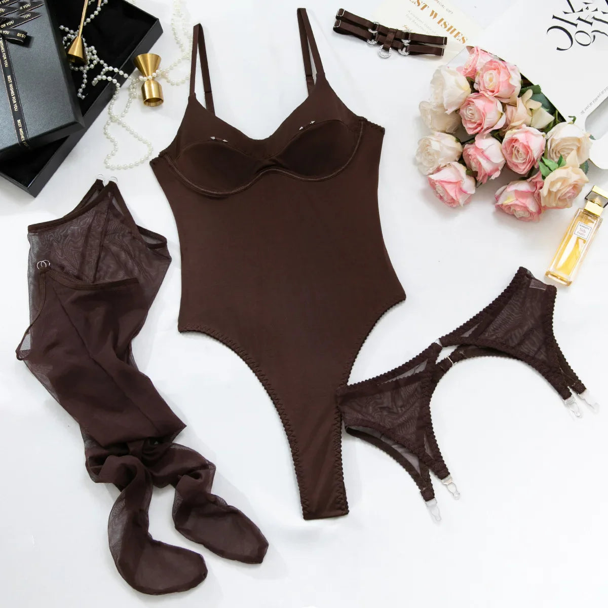 Lingerie Sets Willowy Open Crotch 5PC Stunning Metal Decor Dance Party Stockings Mininalist Kit Underwear