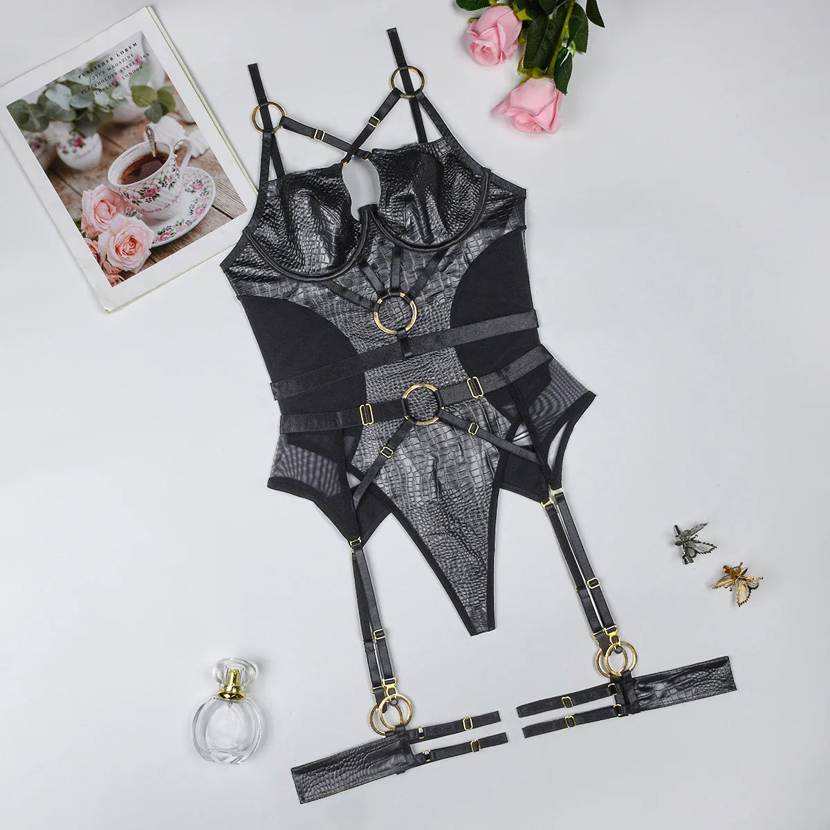 Mesh PU Leather Halter Hollow Out Leotard Body