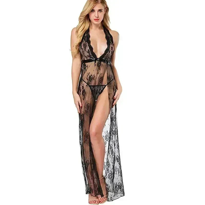Nightclub Halter Long Dress Deep V-neck Slit Mop Dress Lingerie Sets