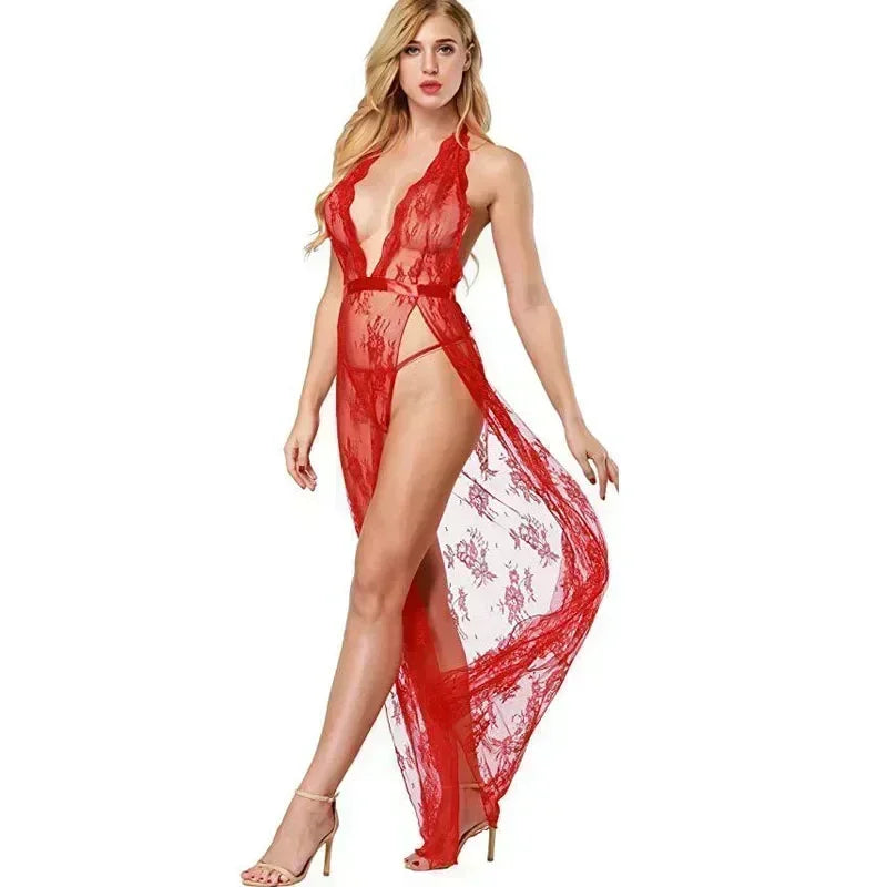 Nightclub Halter Long Dress Deep V-neck Slit Mop Dress Lingerie Sets