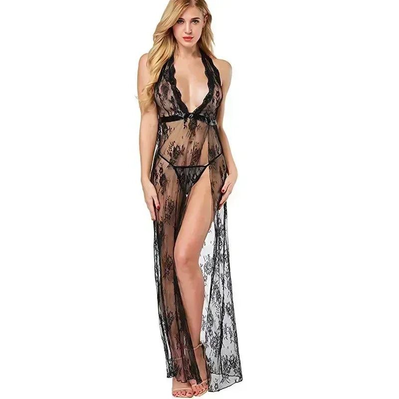 Nightclub Halter Long Dress Deep V-neck Slit Mop Dress Lingerie Sets