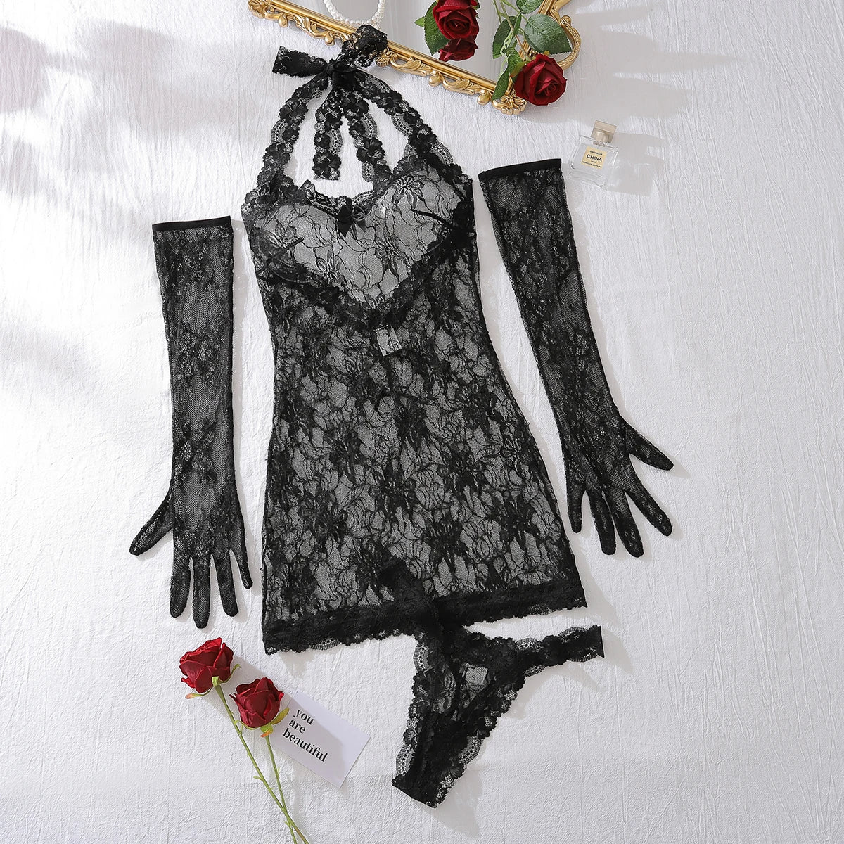 Lace Lingerie Sets Floral Mesh Backless Halter Dress with Thong Glove 4-Piece Underwear Erotic Costumes V-neck