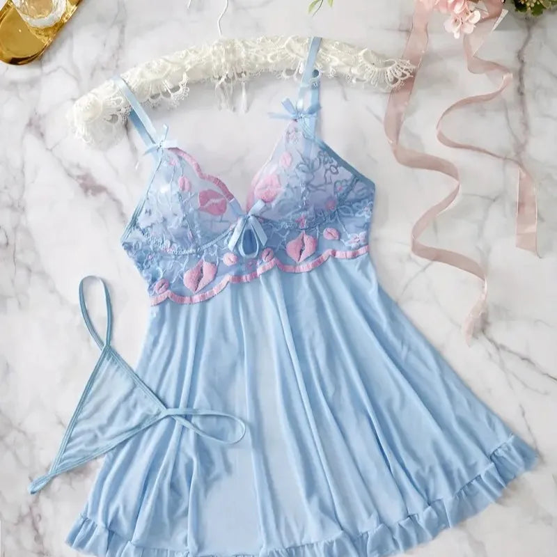 Womens Embroidery Mesh Sheer See Through Lingerie Nightgown Babydoll Splicing Nightwear Temptation Sensual Outfit