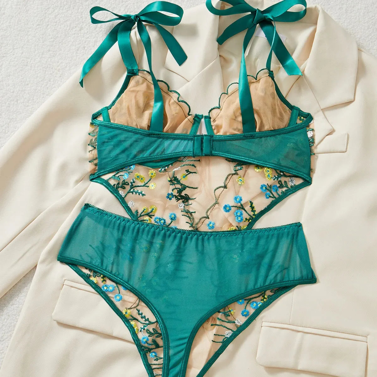 Womens Erotic French Style Floral Embroidery Sensual Mesh See Through Waist Shaping Alluring Charming Premium Erotic