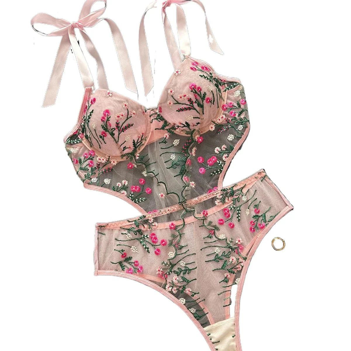 Womens Erotic French Style Floral Embroidery Sensual Mesh See Through Waist Shaping Alluring Charming Premium Erotic