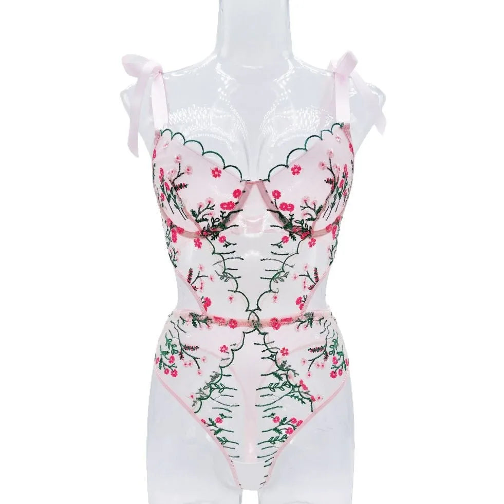 Womens Erotic French Style Floral Embroidery Sensual Mesh See Through Waist Shaping Alluring Charming Premium Erotic