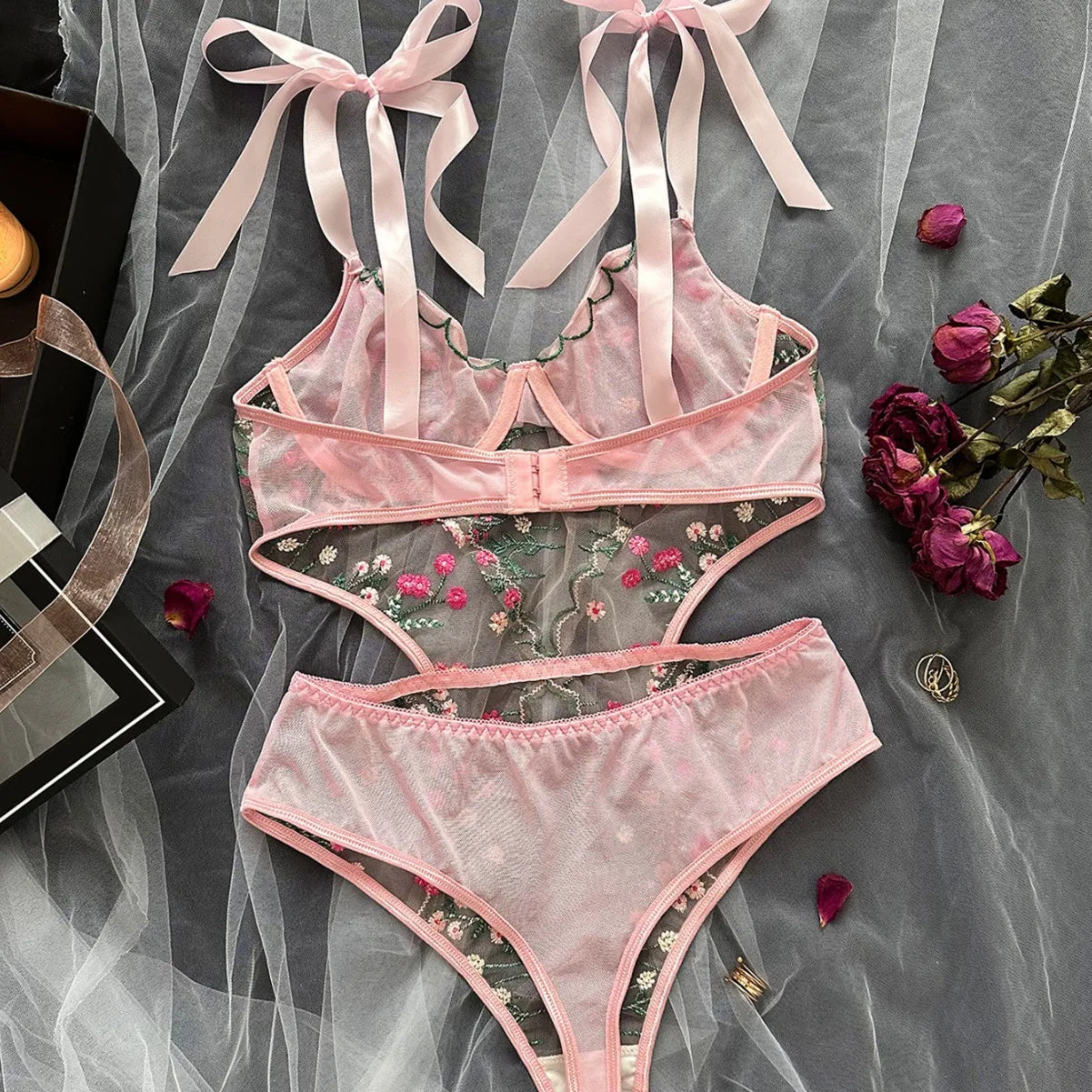 Womens Erotic French Style Floral Embroidery Sensual Mesh See Through Waist Shaping Alluring Charming Premium Erotic