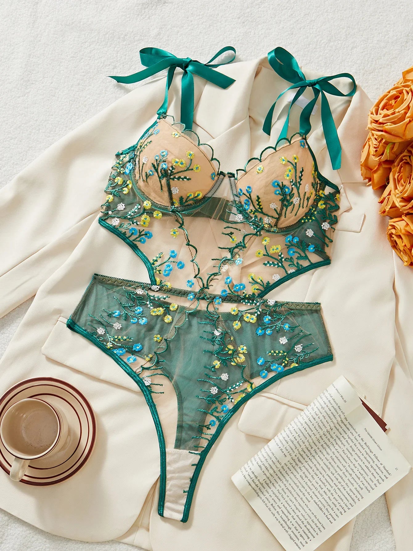 Womens Erotic French Style Floral Embroidery Sensual Mesh See Through Waist Shaping Alluring Charming Premium Erotic