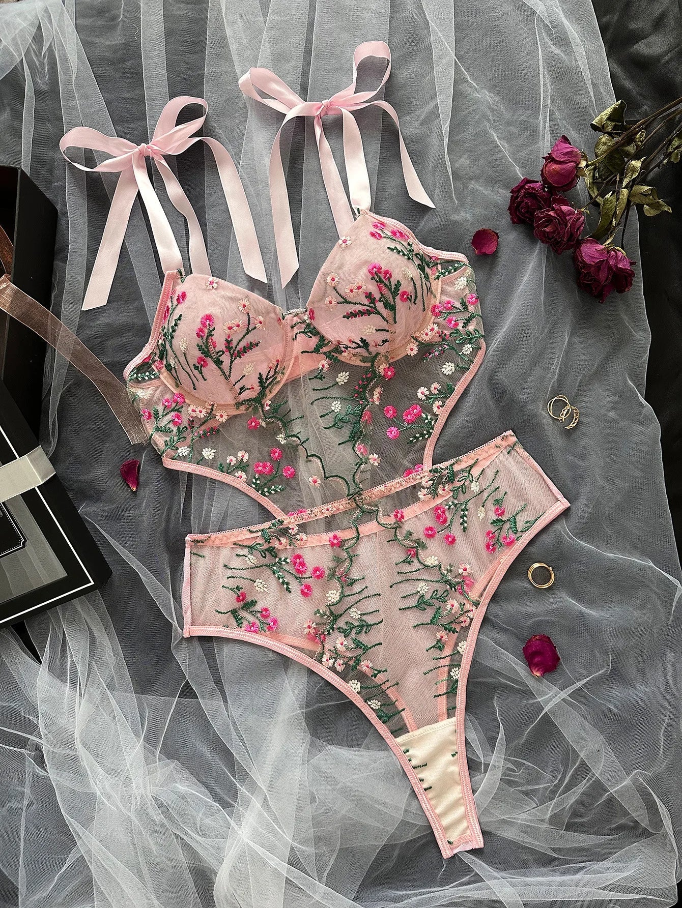Womens Erotic French Style Floral Embroidery Sensual Mesh See Through Waist Shaping Alluring Charming Premium Erotic