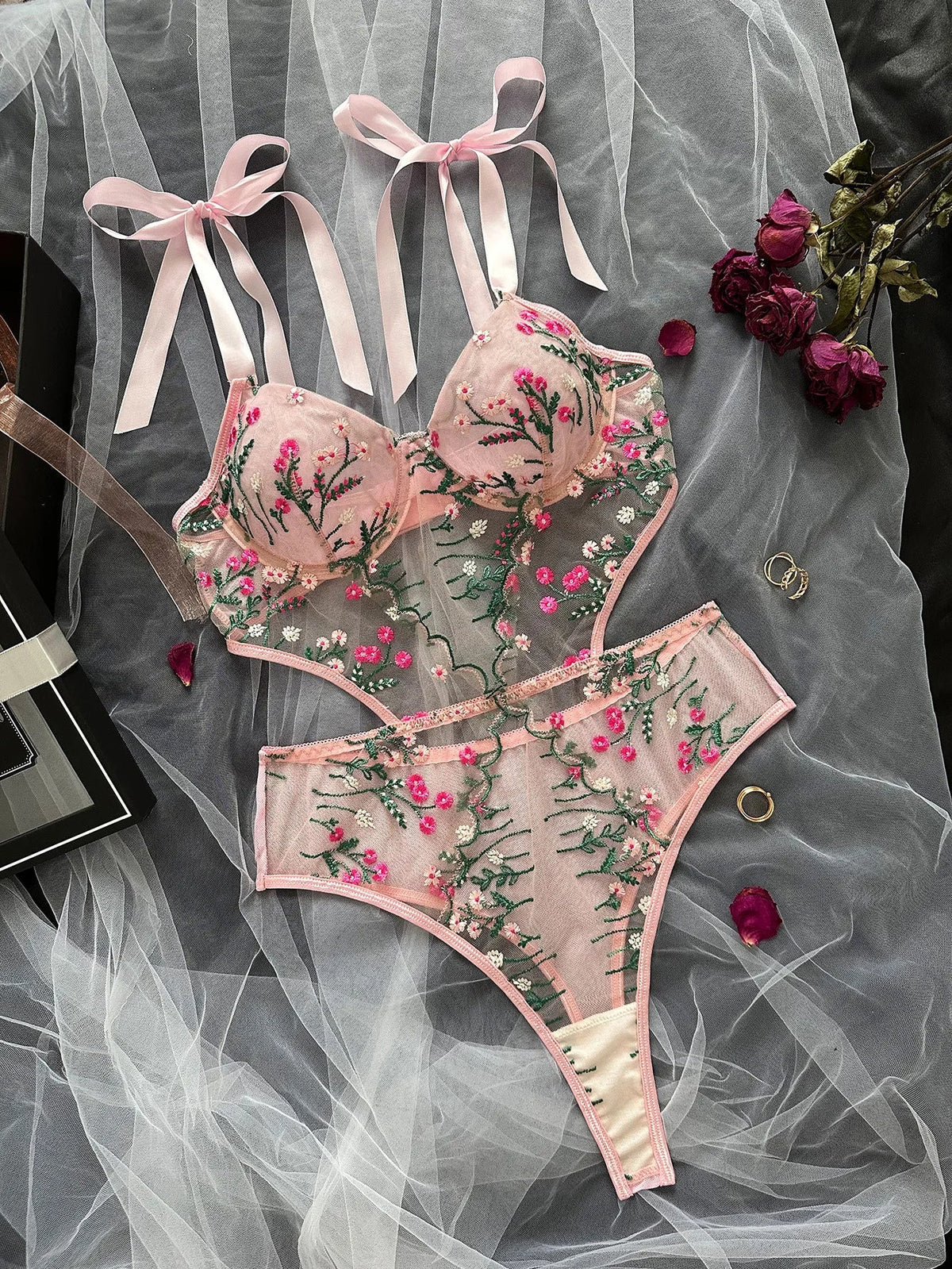Womens Erotic French Style Floral Embroidery Sensual Mesh See Through Waist Shaping Alluring Charming Premium Erotic