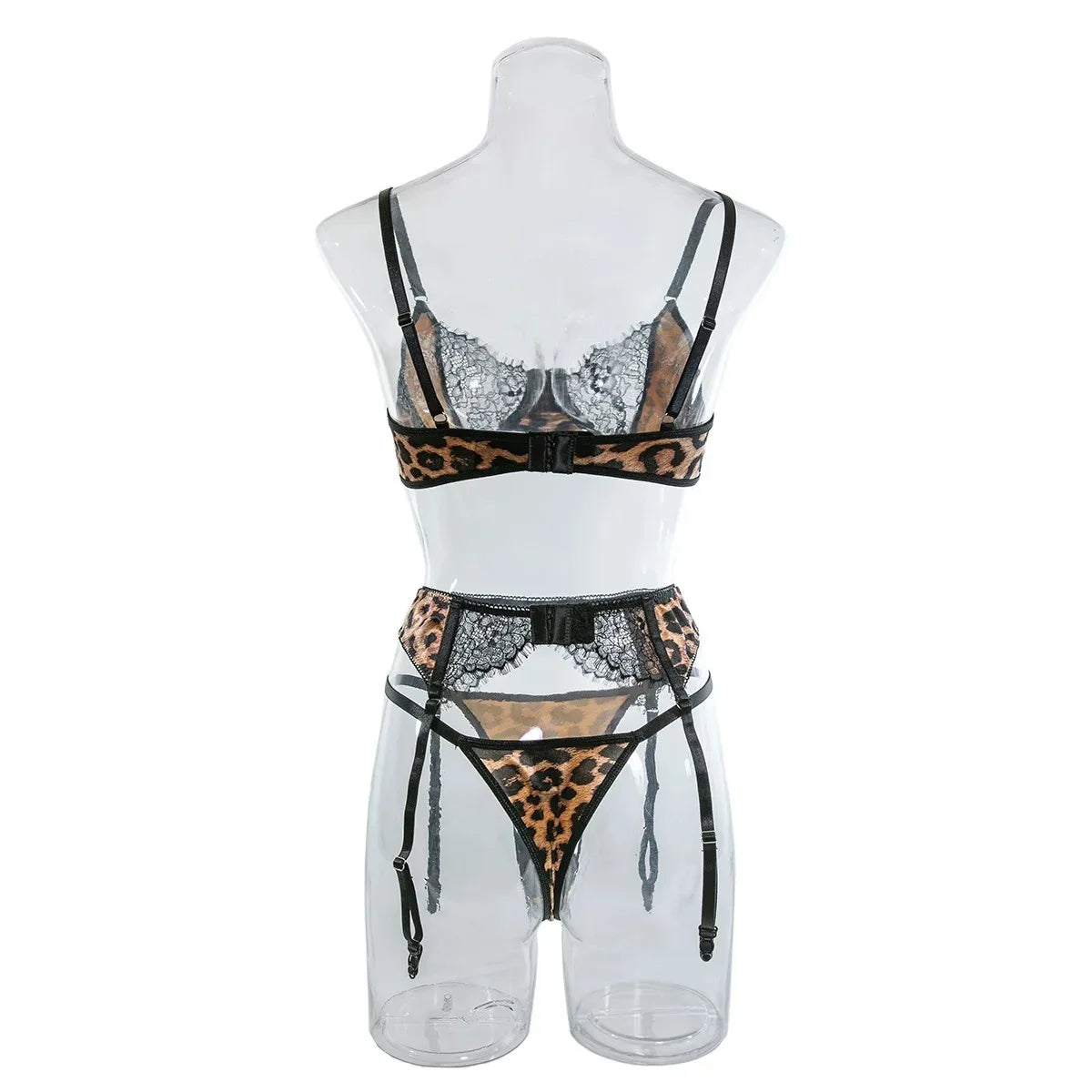 Womens Erotic Western Style 3 Piece Set Leopard Print Sensual Lace Patchwork Alluring Charming Breathable Lingerie Set