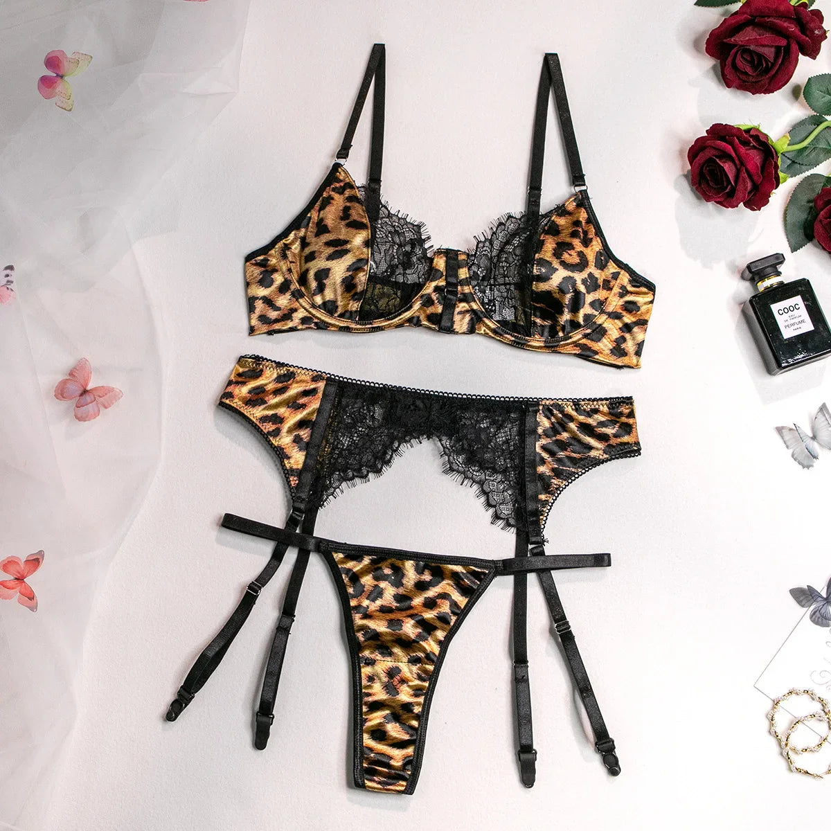 Womens Erotic Western Style 3 Piece Set Leopard Print Sensual Lace Patchwork Alluring Charming Breathable Lingerie Set