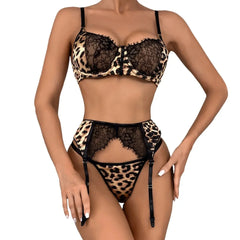 Womens Erotic Western Style 3 Piece Set Leopard Print Sensual Lace Patchwork Alluring Charming Breathable Lingerie Set