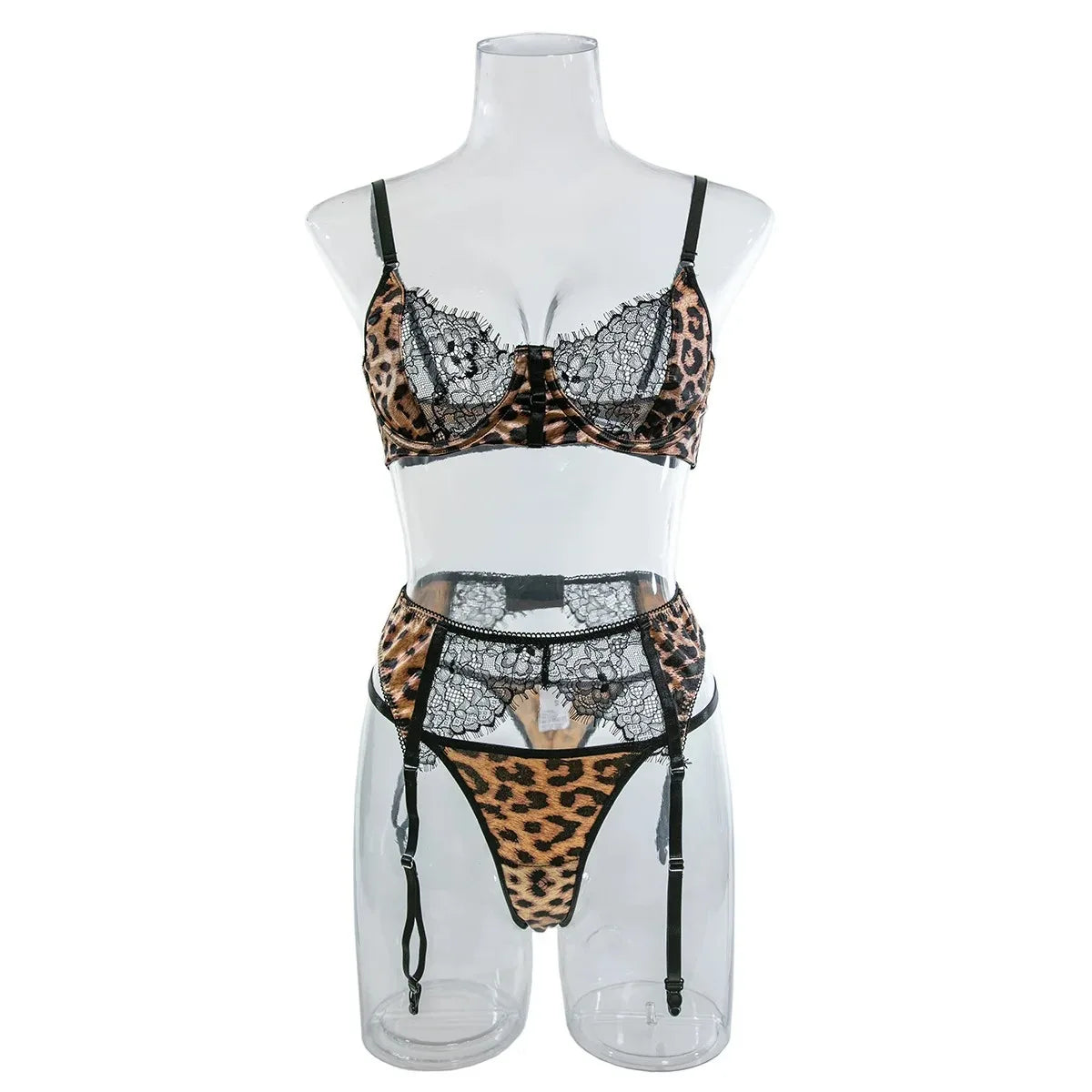 Womens Erotic Western Style 3 Piece Set Leopard Print Sensual Lace Patchwork Alluring Charming Breathable Lingerie Set