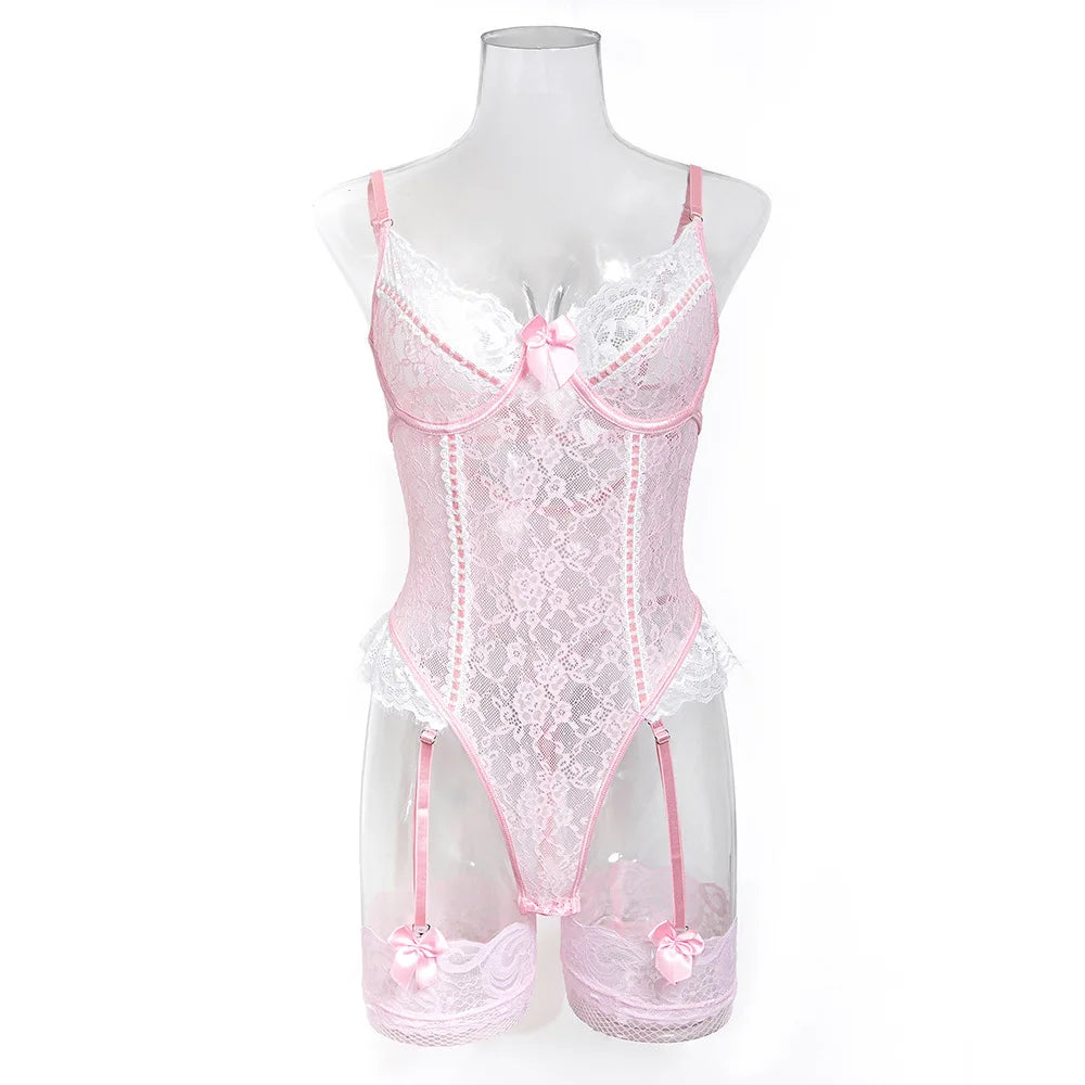 Womens Erotic Western Style Pink Contrast Lace Sensual Stretch Tight Alluring Charming Lingerie Set