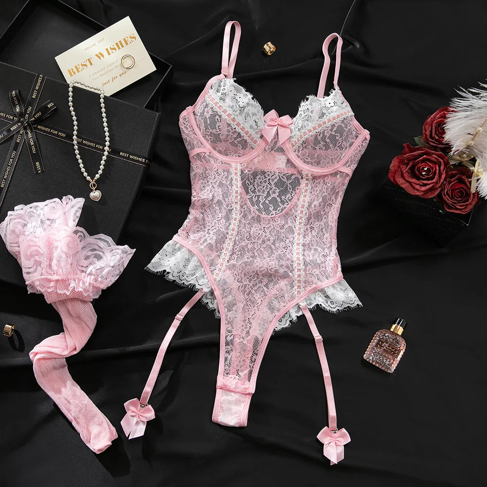 Womens Erotic Western Style Pink Contrast Lace Sensual Stretch Tight Alluring Charming Lingerie Set