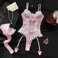 Womens Erotic Western Style Pink Contrast Lace Sensual Stretch Tight Alluring Charming Lingerie Set
